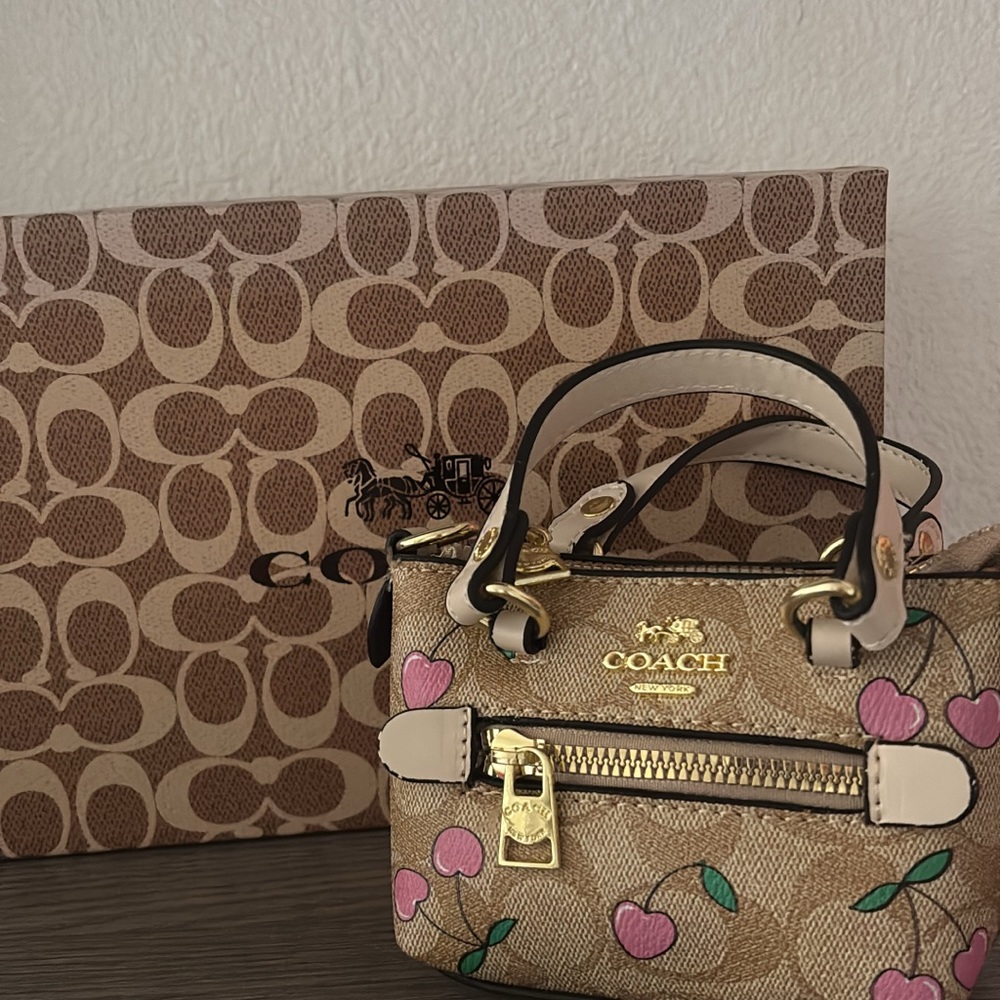 Beige Signature Mini Satchel with Pink Cherry Motif